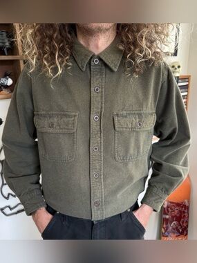 Vintage 90s Olive Green Chamois Button Down Work Shirt ~ Size Large
